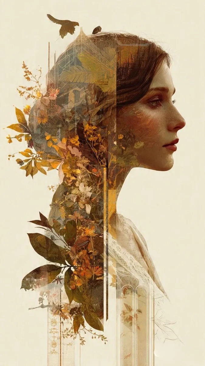 Woman & Mountain Waterfall Double-Exposure